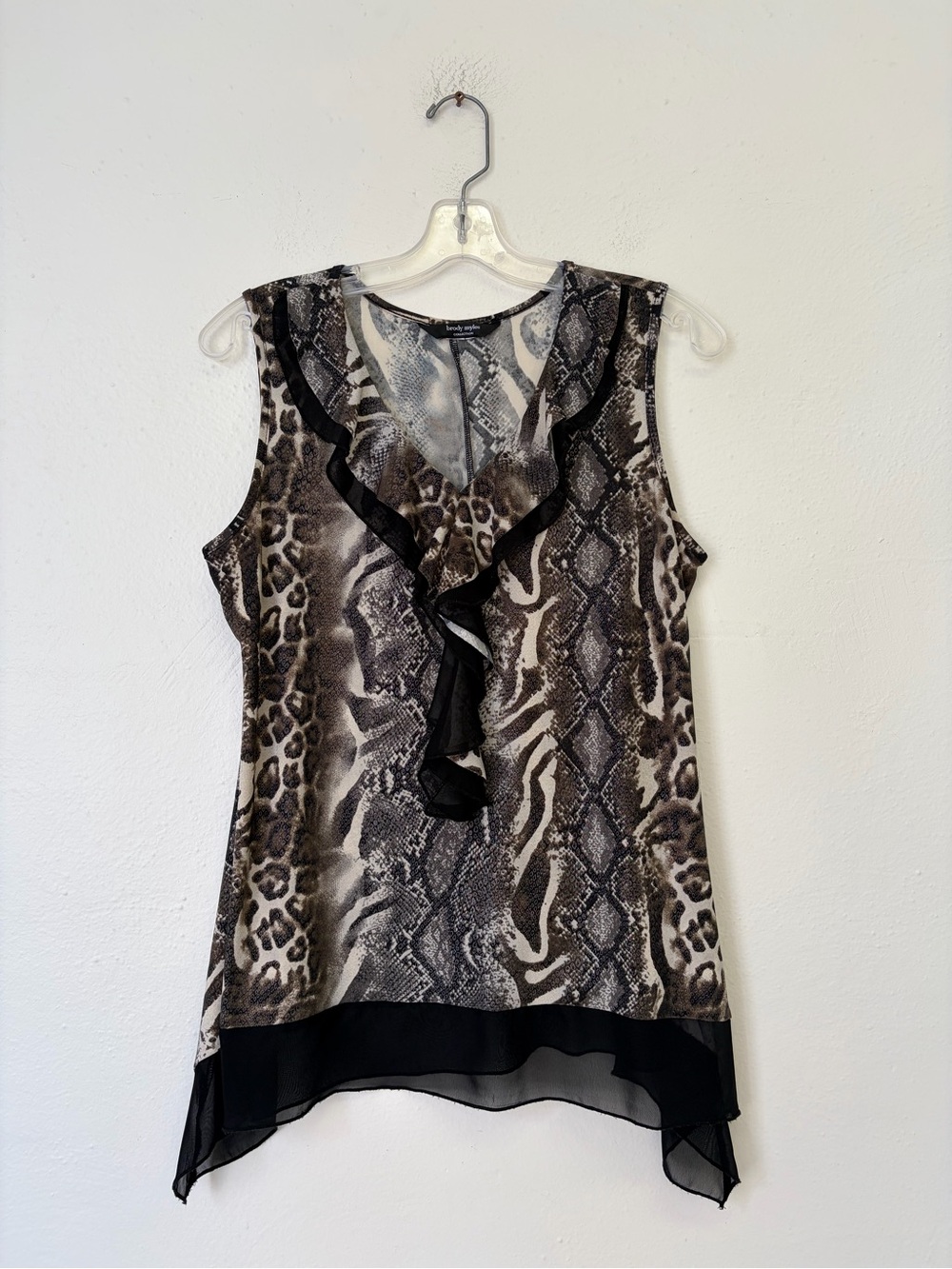 Animal-Print Ruffle V-Neck Sleeveless Camisole - Black and Brown Y2K